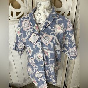 Caribou Vintage Womens Camp Shirt Blue Size Medium Floral Heart Print